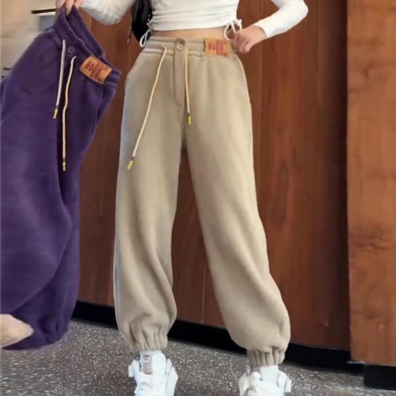 Solid Casual Thicken Women Corduroy Pants Lamb Fleece Padded Cashmere Warm Sweatpants Female Elastic Waist Soft Fur Trousers 251027