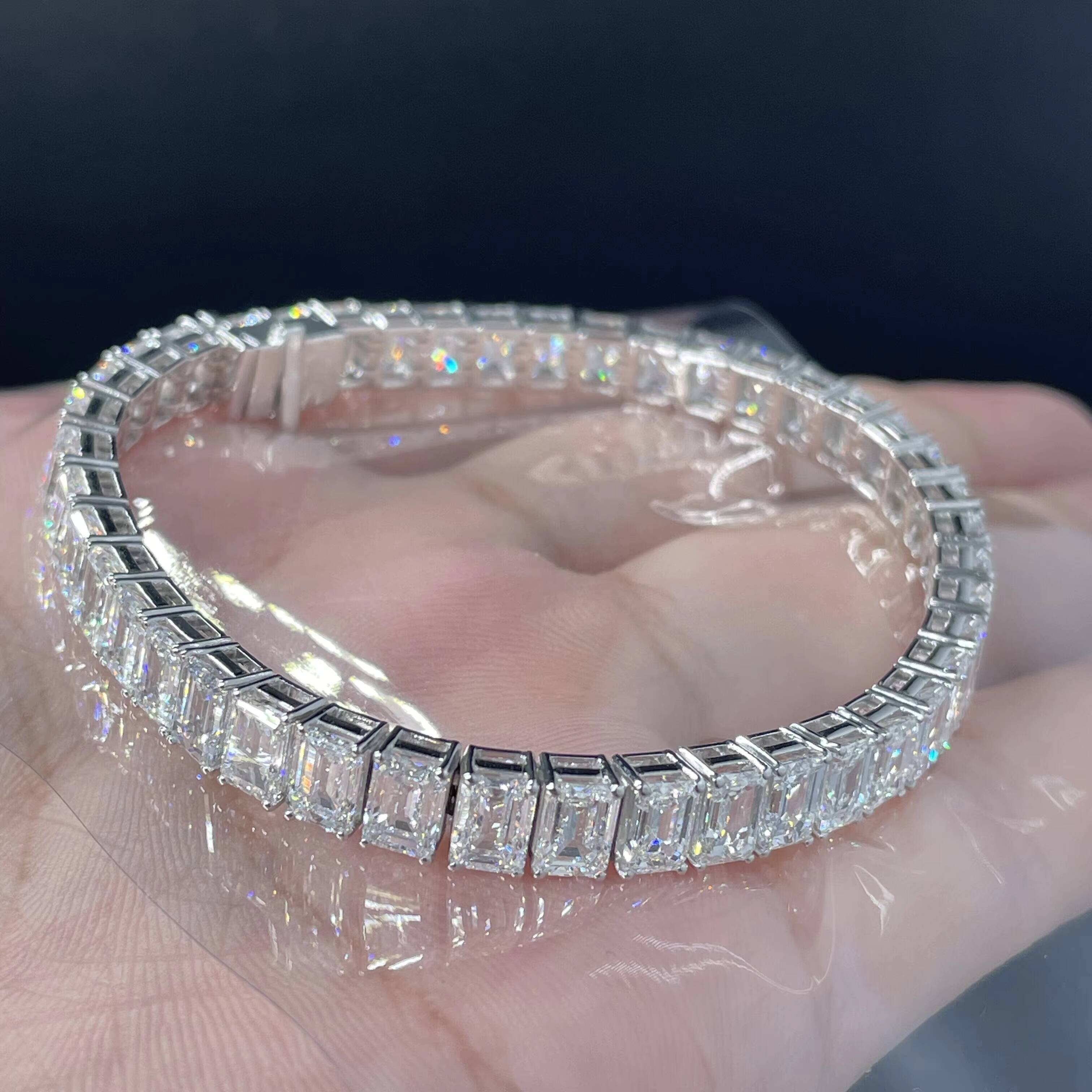 Custom Made 14K Solid White Gold VVS1 Emerald Cut Lab Grown Diamond Tennis Bracelet for Unisex