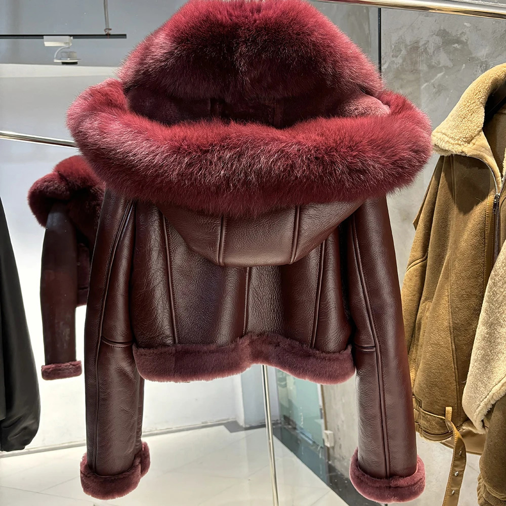YOLOAgain Burgundy Shearling Jacket With Hood Women Winter Real Leather Coat 251027