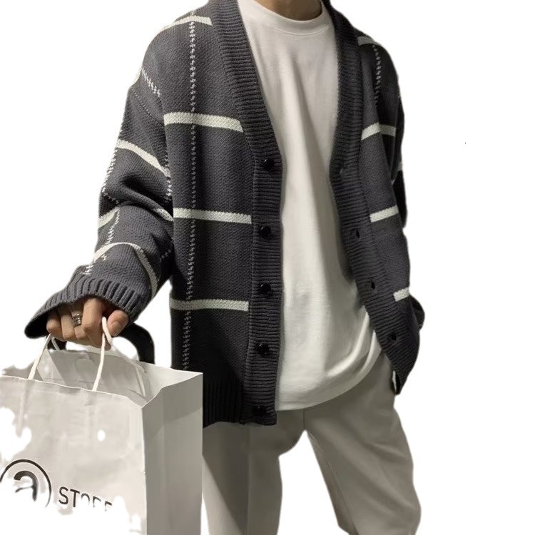 Spring And Autumn New Trendy Cardigan Sweater For Men Korean Designer Sweater Version British Plaid Striped Sweater Jacket Men's V-neck Sweater
