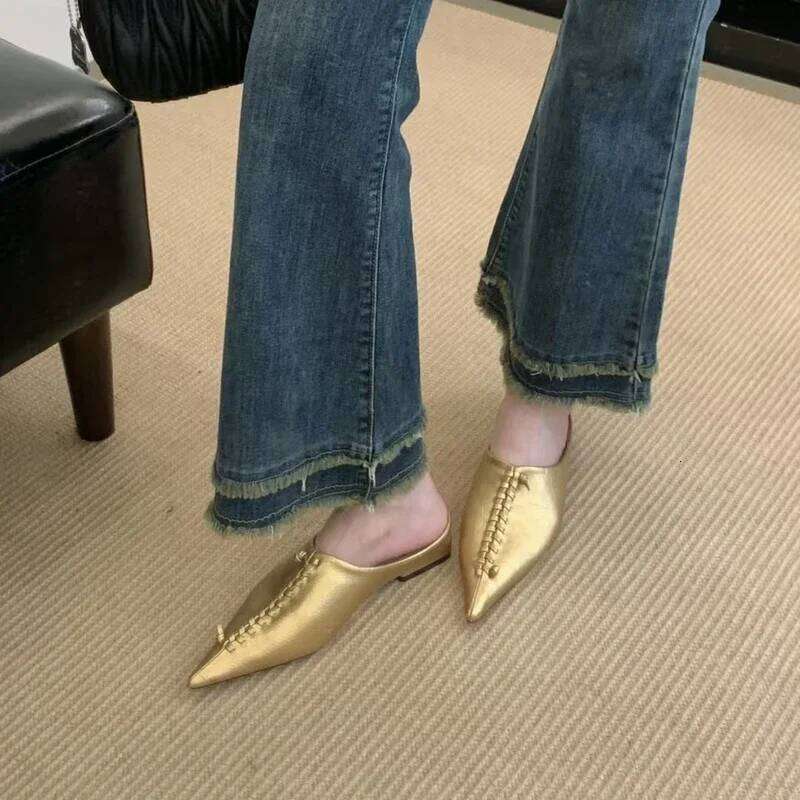Gold Designer Slippers Women Mules Shoes Pointed Toe Slides Shallow Fashion Summer New Brand Sandals Ladies Sandalias De Mujer