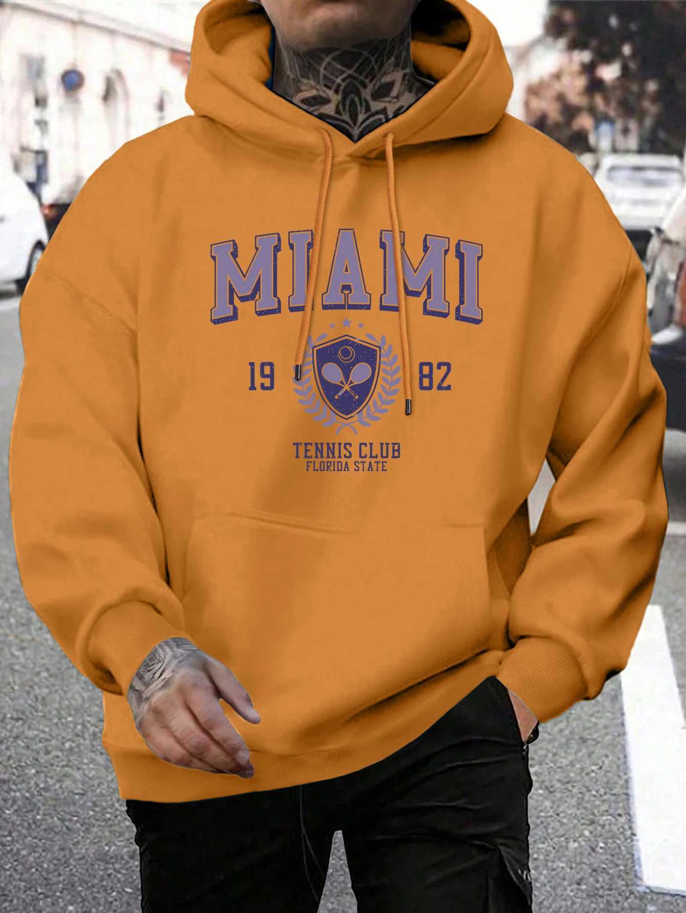 Miami 982 Letter Print Pullover MenS Fashion Quality Hooded Warm Casual Hoody Man Simple Loose Tops W251027