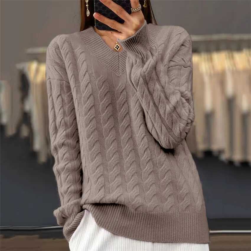 VNeck Womens Sweater Autumn Winter New Fashion Long Sleeved Knit Pullover Warm Solid Basic Female Tops KnitwearT251027