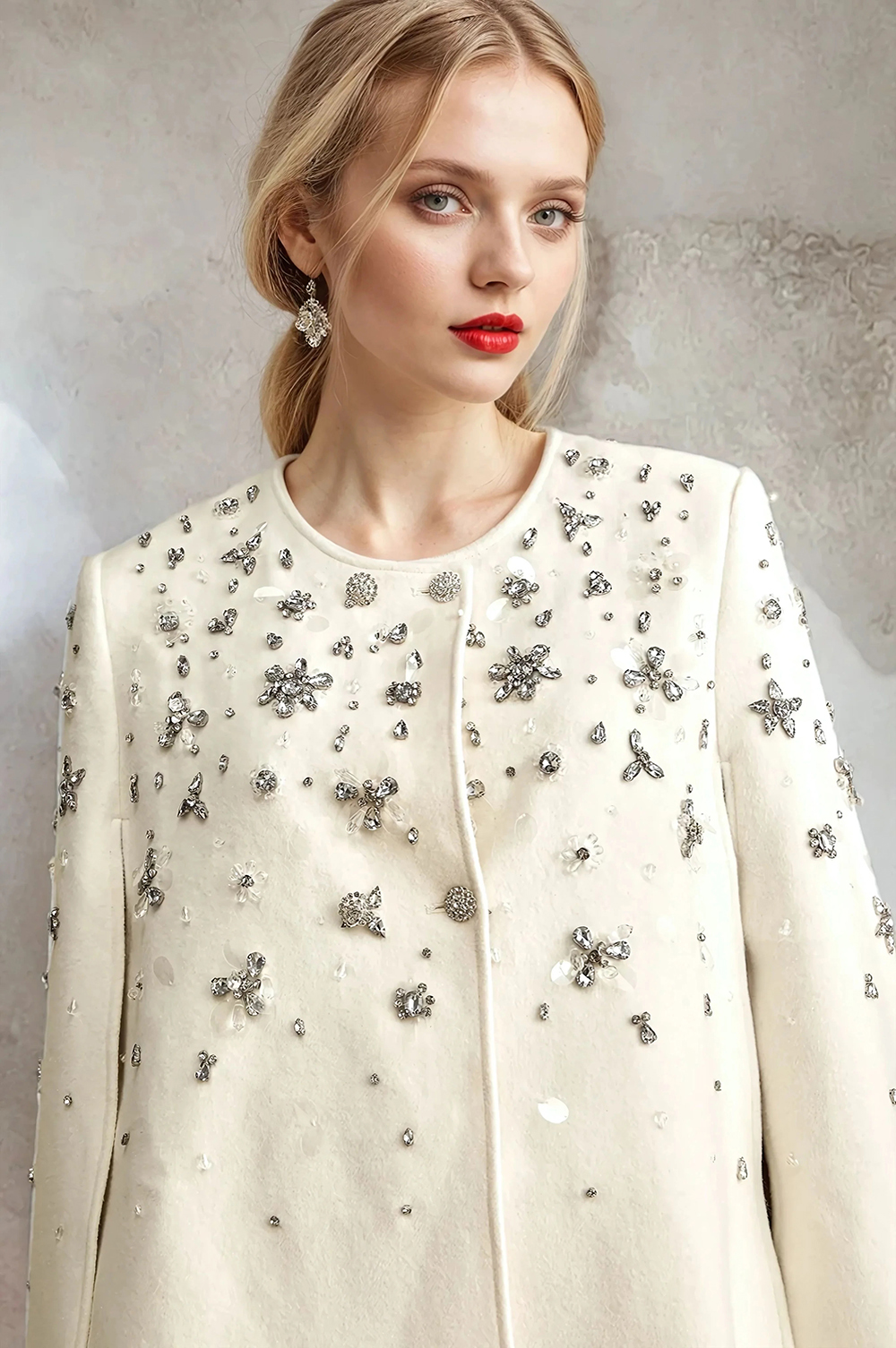 Fashion Crystal Woolen Coat For Women Warm Jewel Neck Single Breasted Jacket Only Blazer Custom Made