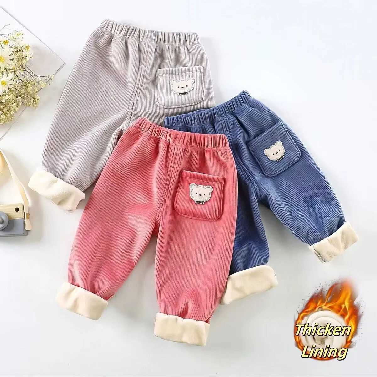 Winter Childrens Pants Thickened Fleece Lined Corduroy Trousers Cartoon Bear Embroidery Loose Fit Warm 17Y kidsPantsT251027