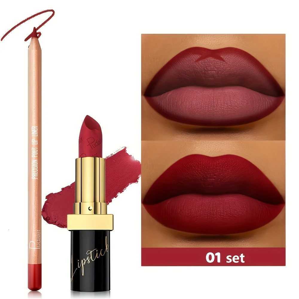 Pudaier 2pcs Matte Lipstick and Lip Liner Set Waterproof Sweatproof Longlasting Easy to Apply W251027
