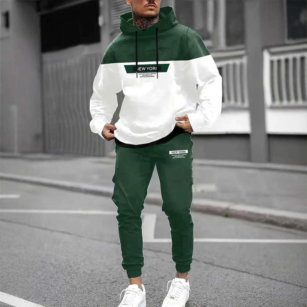 Autumn Winter American Style Hooded 3D Digital Print Sweatshirt Sweatpants Jacket Men's Trendy Hoodie Sports Set Men