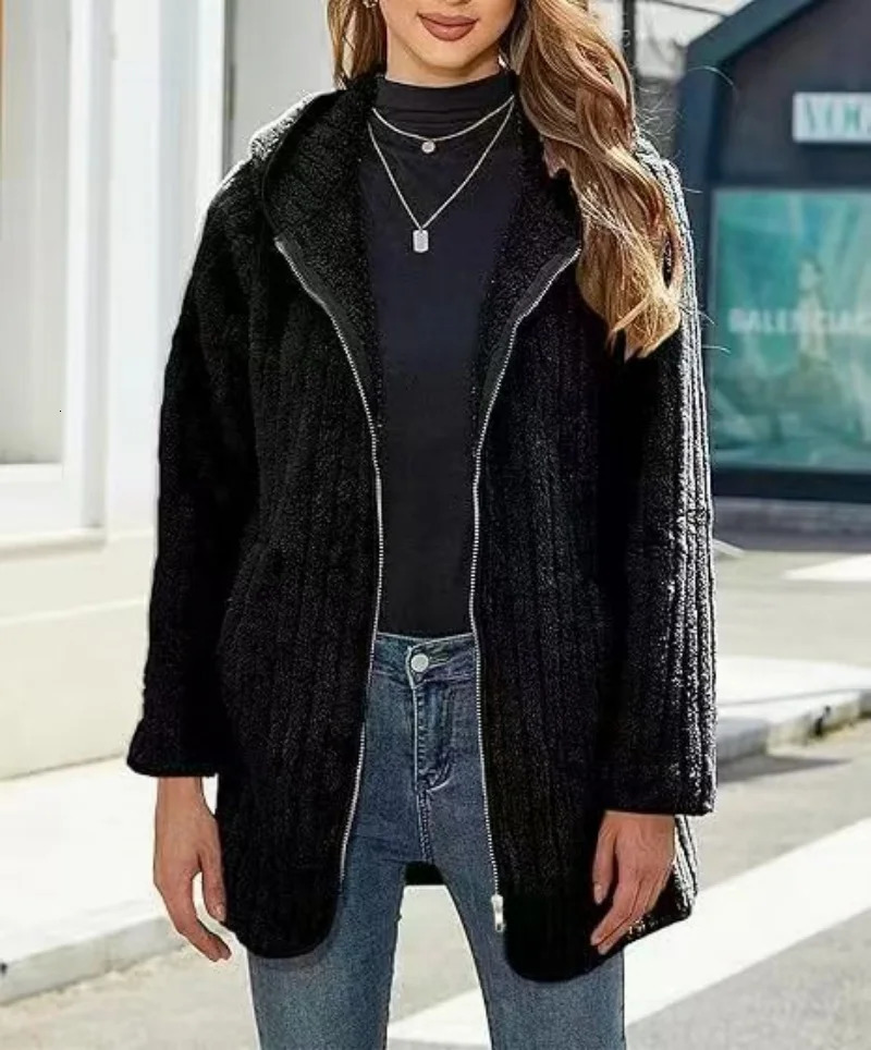 Plus Size Zip Up Teddy Coat Casual Hooded Warm Winter Outerwear With Pocket Womens Clothing 251027