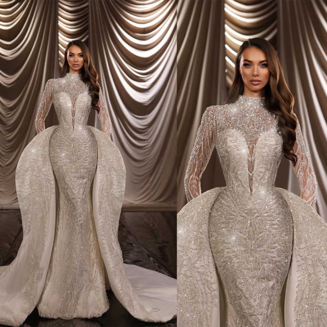 Modern Mermaid Wedding Dress High-Neck Bridal Shine Sequin Gowns Dress Appliques 3D-Lace Vestina De Novia Plus Size Customized L252805