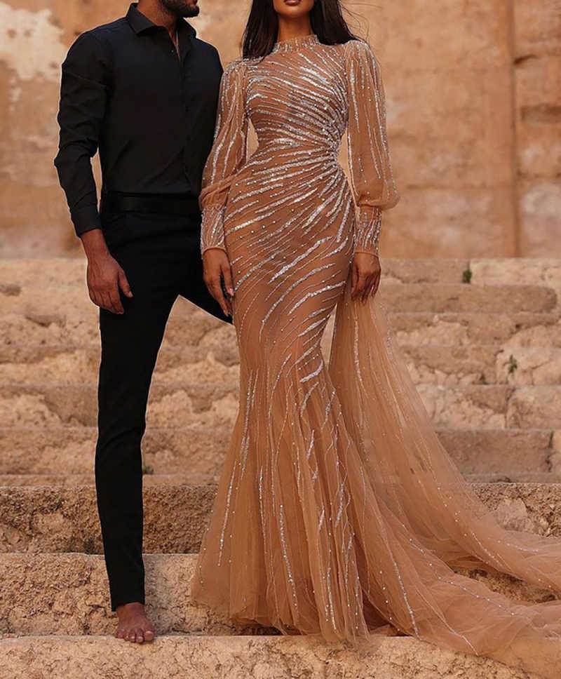Modern Mermaid Evening Dress Long Sleeve Prom Gowns Shine Beads Tulle Satin Sexy Prom Dress vestidos de novia Size Customized Robes De Mariee L252814