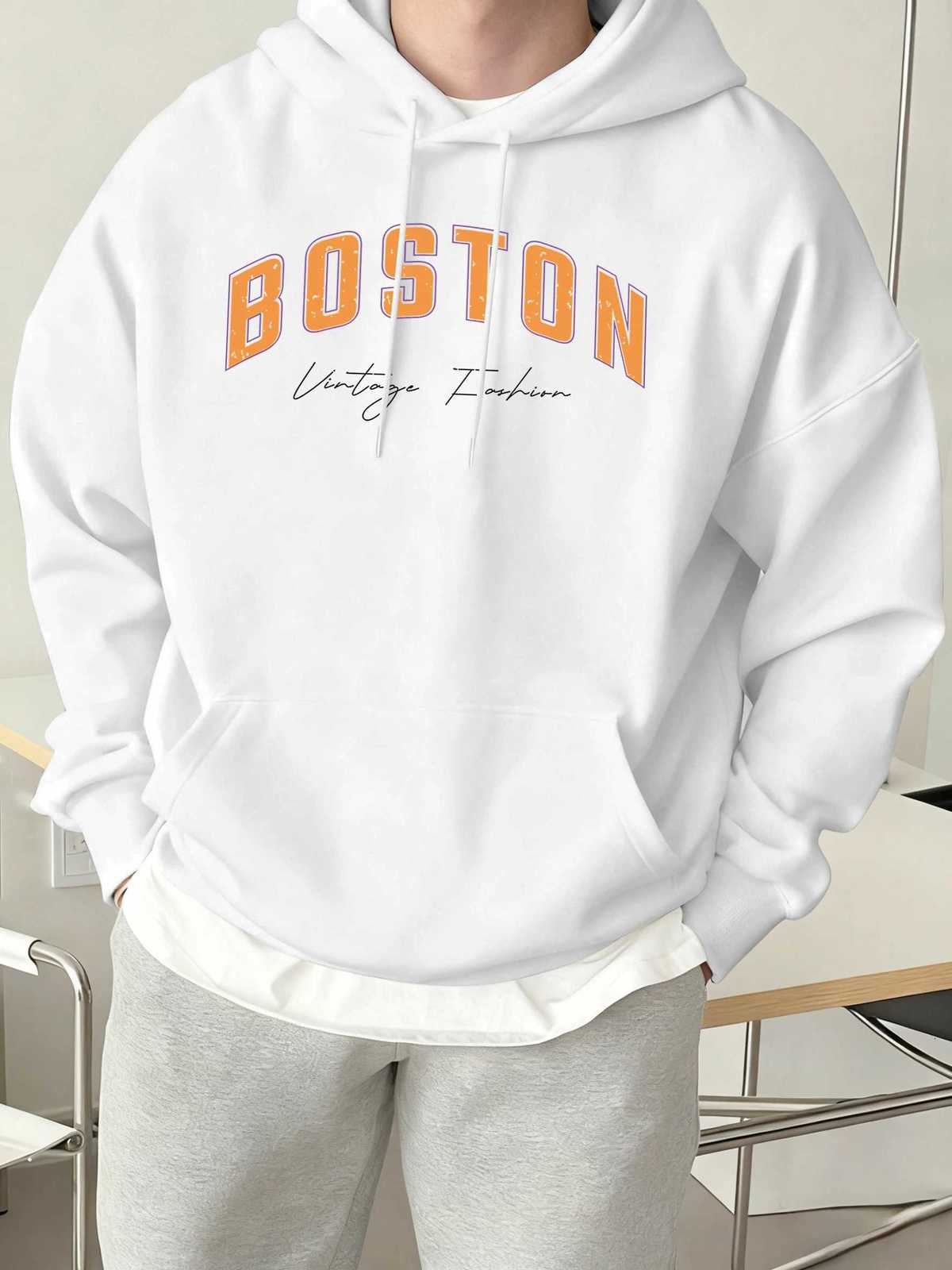 Boston Vintage Fashion Print Men 2 Colors Hoody Autumn Warm Sweatshirts Fleece High Street Sportswear Pocket Loose Man Clothes W251027