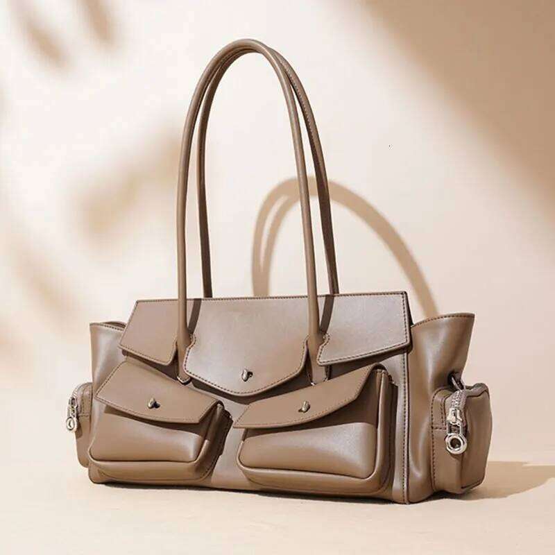 Genuine Leather Ladies' Shoulder Bag with Multiple Pockets - Classic Vintage Style