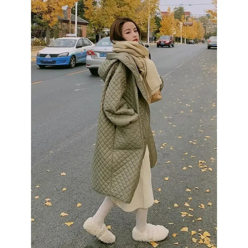 Autumn Winter Korean Loose Fashion Women Down Cotton Coat Hooded Medium Length Large Pocket Windproof 251027