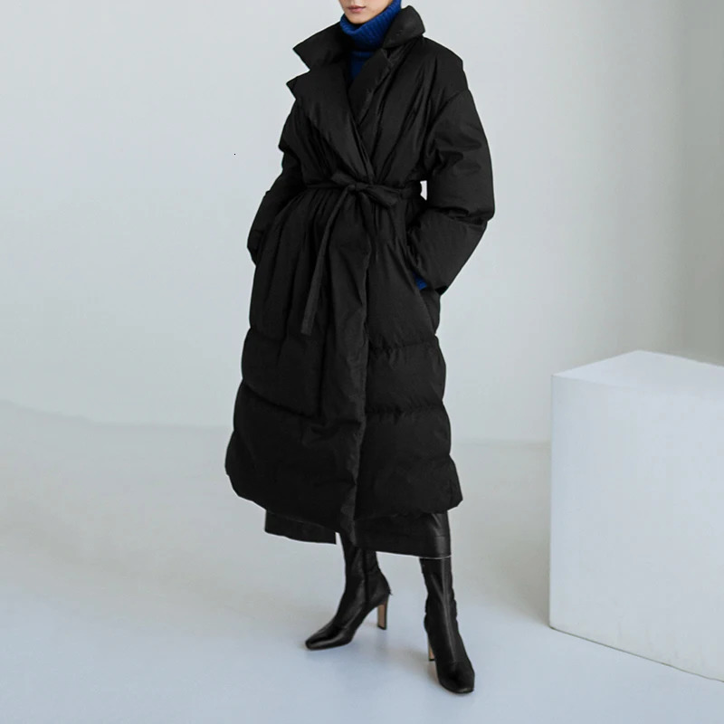 Winter Stand Collar Long Down Jackets Loose Belt Sleeve Warm Coat Fashion Solid Cotton Padded Overcoat Women 251027