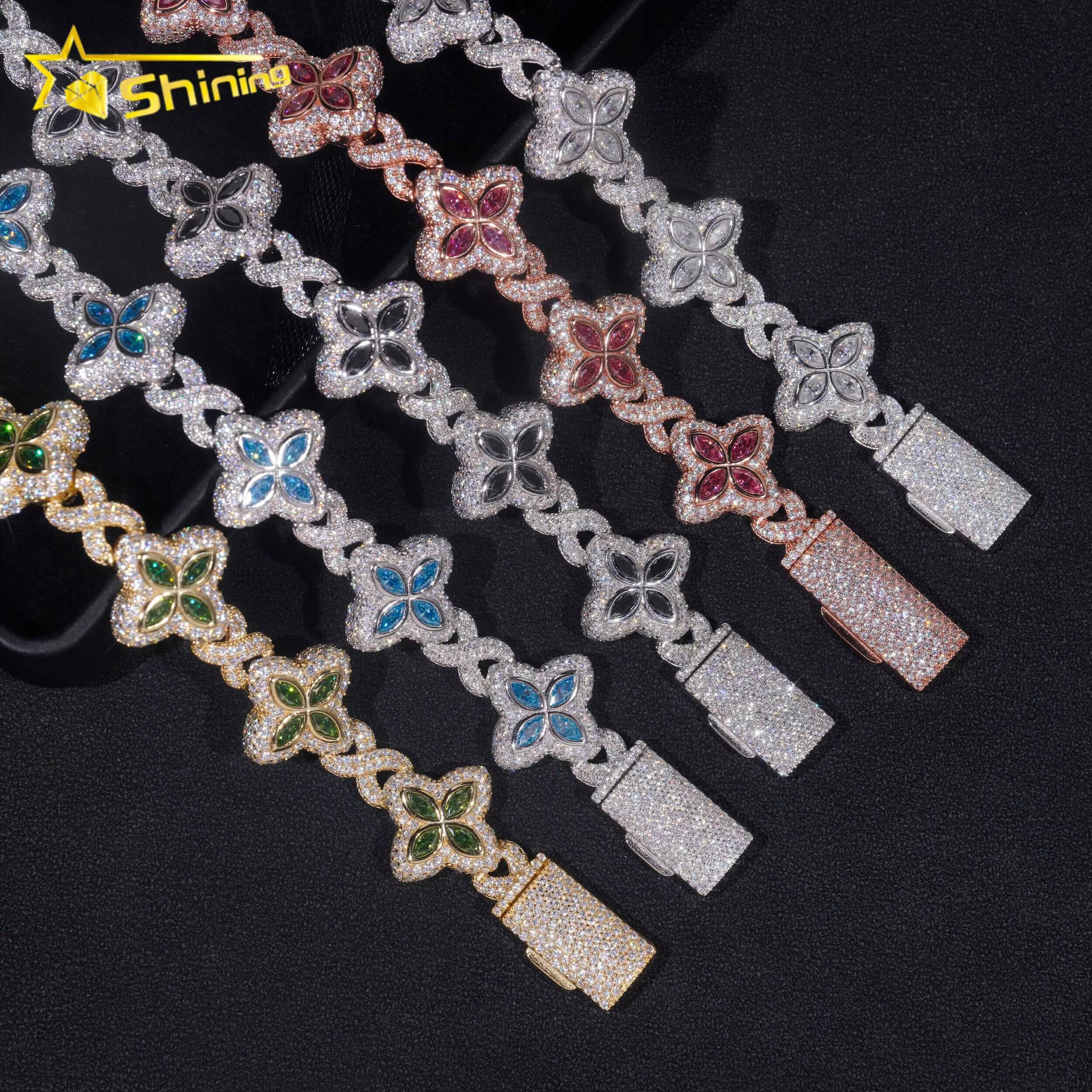 New Stocks Pass Diamond Tester Silver 925 Gold Plated Hip Hop Jewelry Custom Colored Moissanite Clover Cuban Bracelet