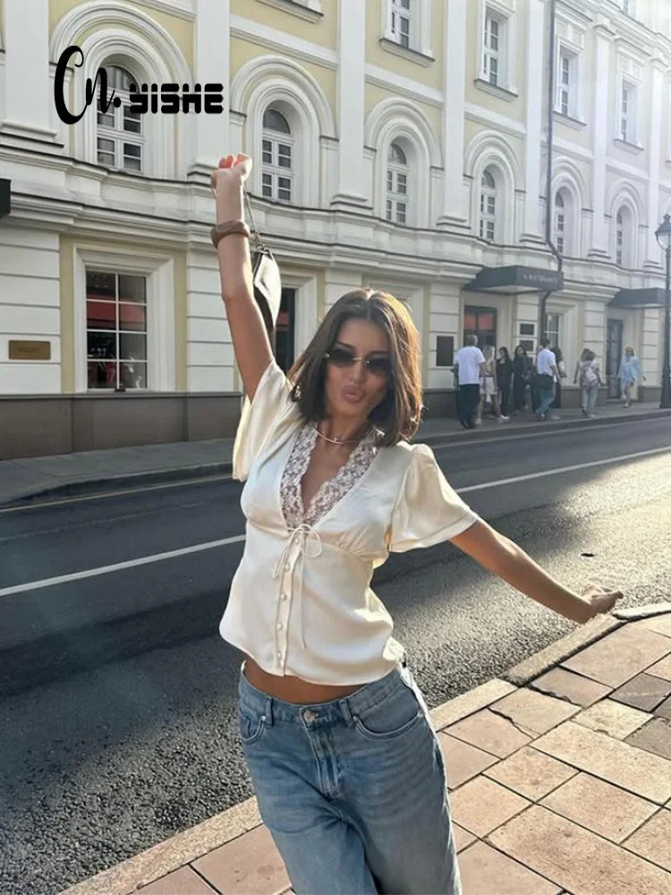 CNYISHE Lace Patchwork Solid Short Sleeve Tops for Women V Neck Sheath Fashion Tees Female Sexy Club Tshirts Elegant Casual 251027