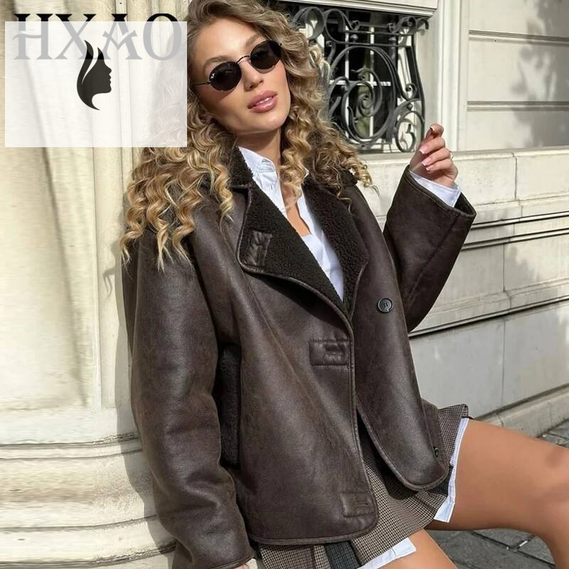 winter jacket women HXAO Women's Jackets Winter Female Leather Faux Fur Coat Button Crop Outerwears Windbreak Waterproof Brown Long Sleeve Tops
