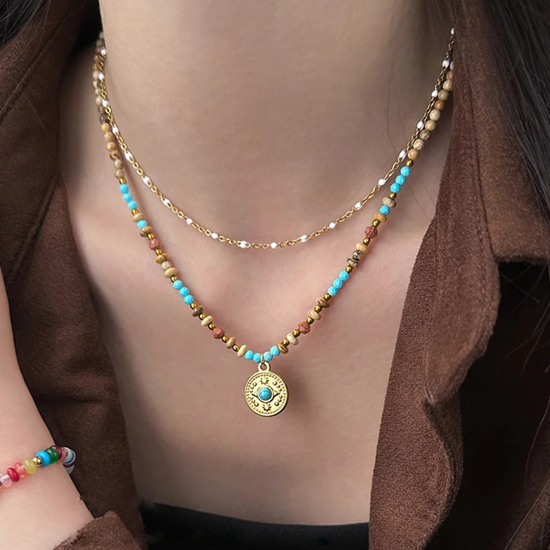 Gold Color Stainless steel Chain Bead Round Pendant Doublelayer Necklace For Women Trendy Jewelry Christmas Fashion Accessories 251020