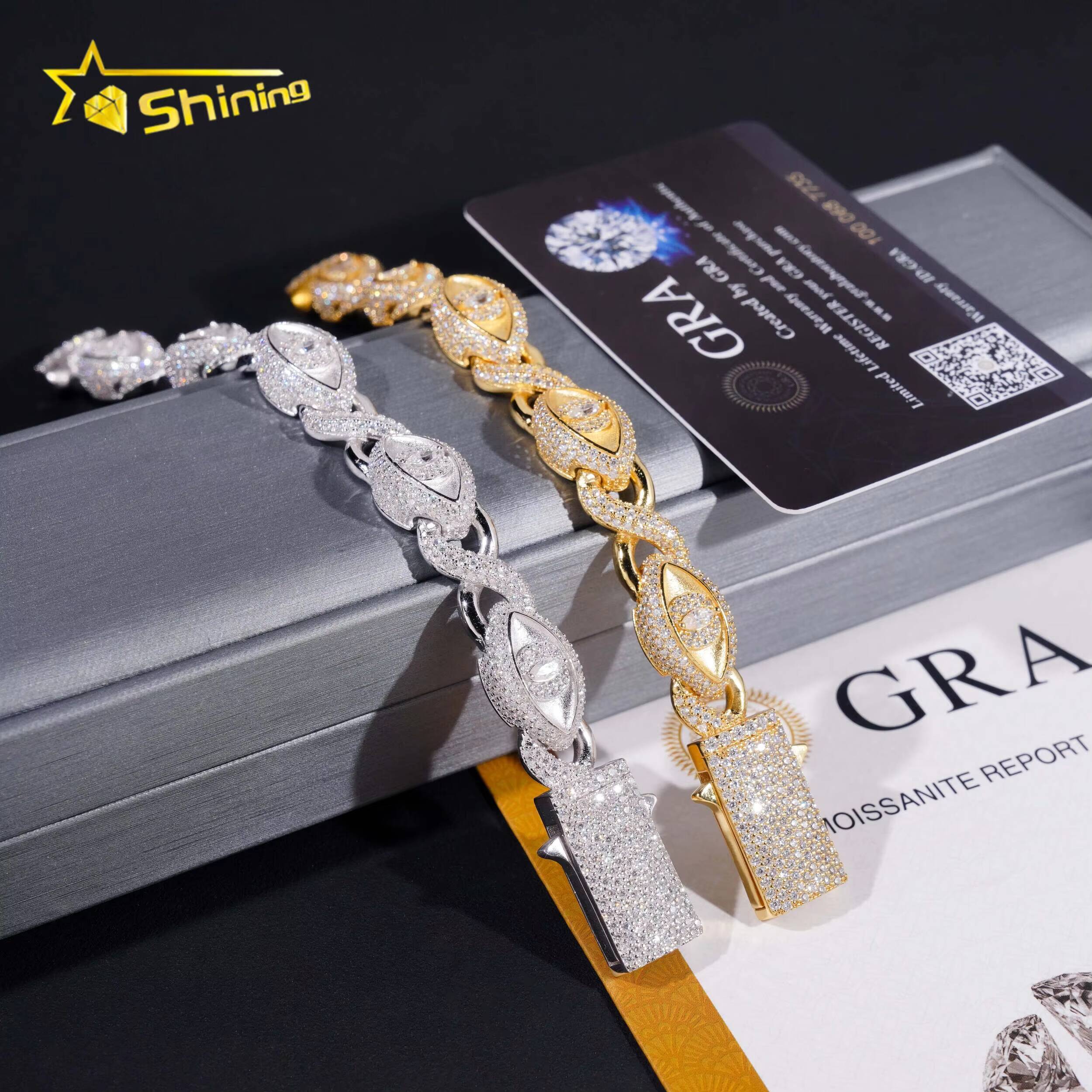 Solid 925 Sterling Silver Pass Diamond Tester Hip Hop Jewelry Custom Infinity Colored Moissanite Cuban Bracelet Cat Eye Bracelet