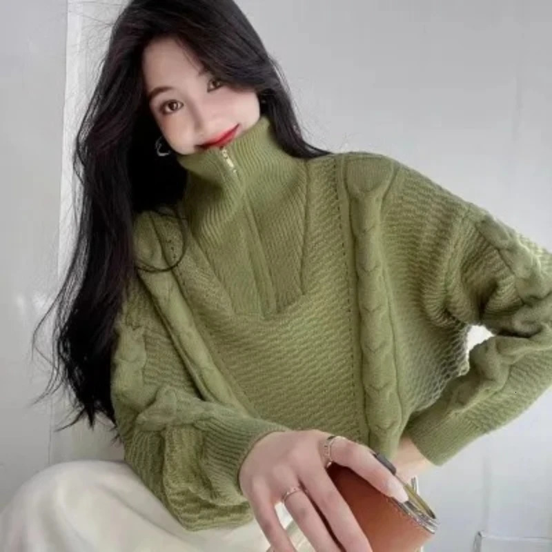 Fashion Women Long Sleeve High Neck Solid Color Looese Sweater Winter Elegant Casual Pullover Knitted Top Zipper Knitwear 251027