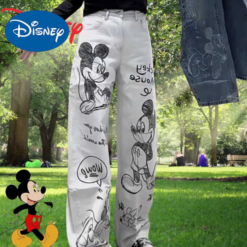 Disney Cute cartoon Mickey girls spring and autumn fashion simple casual and versatile creative embroidery straight leg jeans H251027