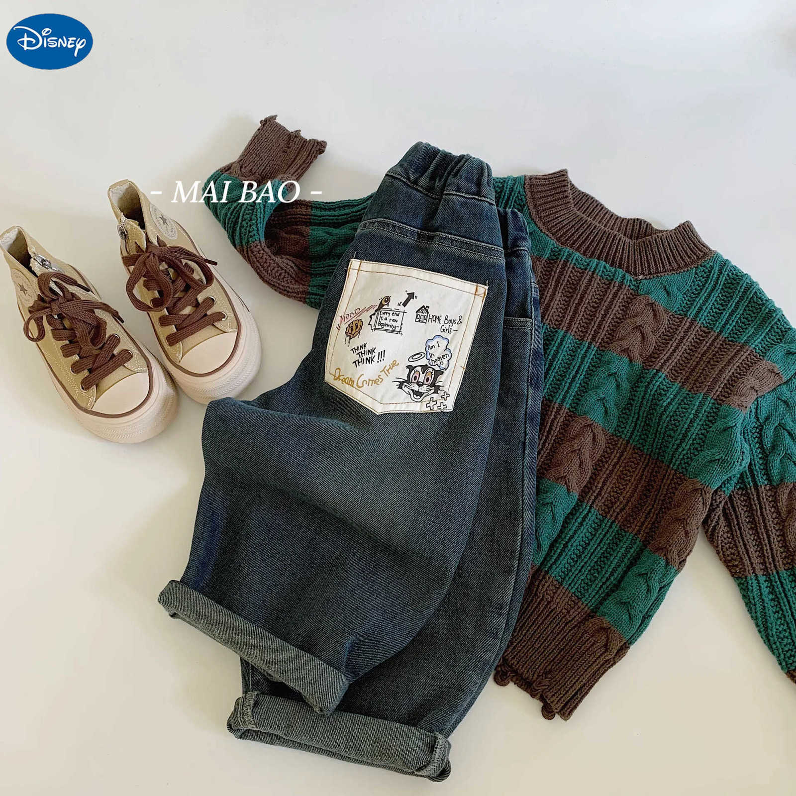 Disney Autumn Infant Baby Boys Pants Cartoon Embroidery Toddler Boys Ankle Length Pants Mid Casual Pocket Kids Baby Boys Wide Leg Jeans H251027