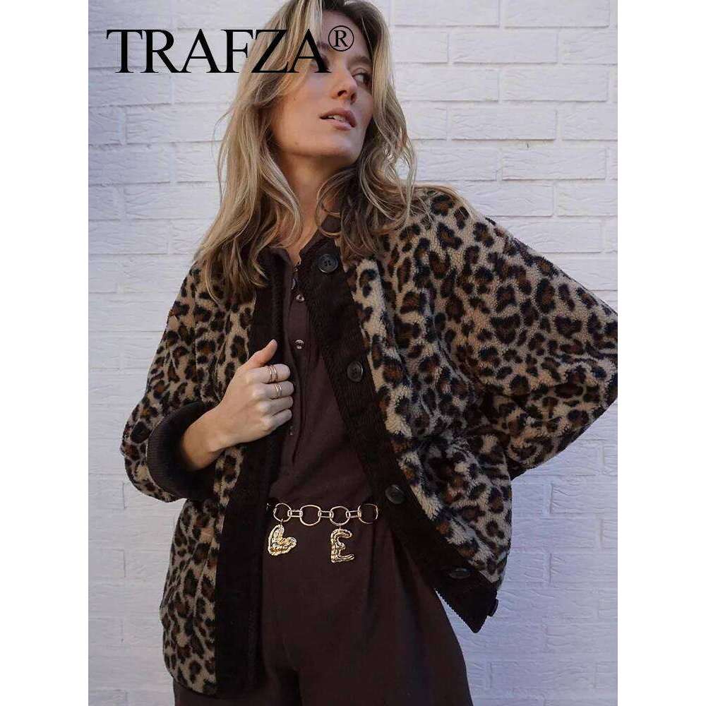 HH Women Winter Fleece Leopard Print Loose Jacket Vintage O-Neck Long Sleeves Y2k Female Casual Fuzzy Coat Outwears