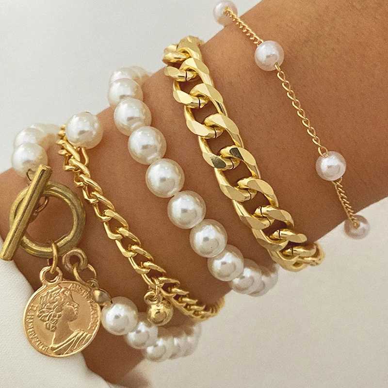 Boho Fashion Bracets For Wen New Vintage Geetric Pearl Human Coin Pendant Gold Color Jewelry Gift For Fa B029W251027