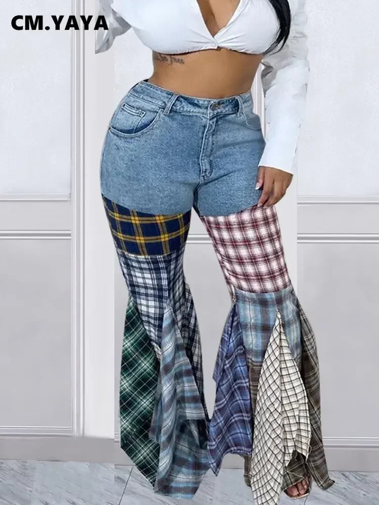 CMYAYA Women Colorful Plaid Patchwork Zipper Fly Flare Jeans Vintage INS Fashion Streetwear Wide Leg Denim Trouers Pants 251020