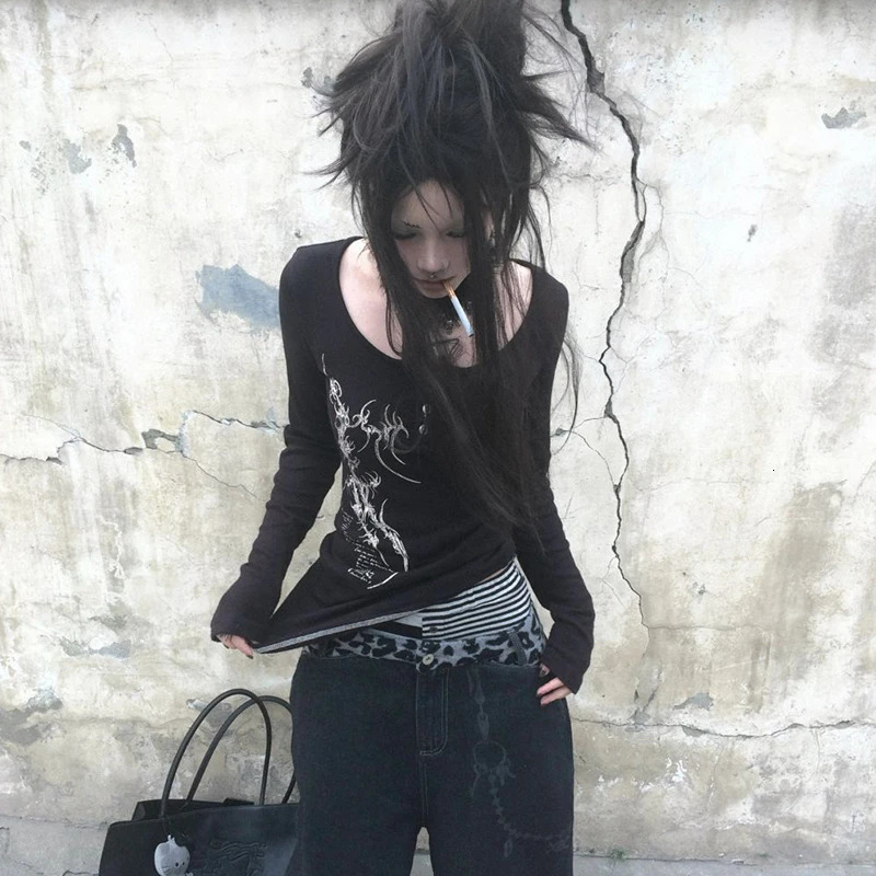 Karrcat Grunge Aesthetics Button Tops Trashy Y2k Tattoo Print Tshirt Vintage Gothic Black Irregular Tee Shirt American Retro 251027