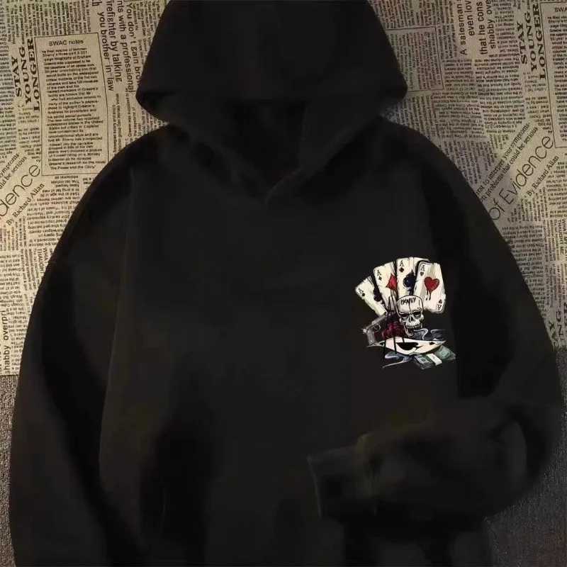 Mens autumn and winter hooded sweatshirt with skull print poker longsleeved fleece casual and fashionable couples clothing W251027