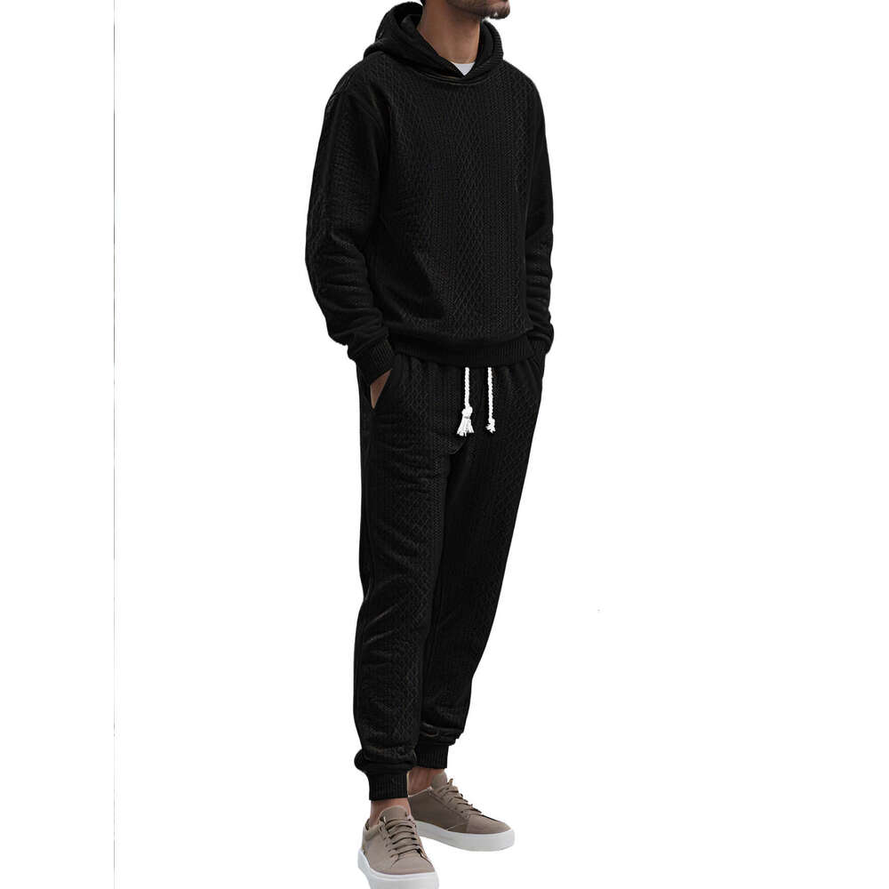 TK Men's Spring And Autumn Loose Casual Sports Sleeve Long Pants Plus Size Jacquard Hooded Sweatshirt Set