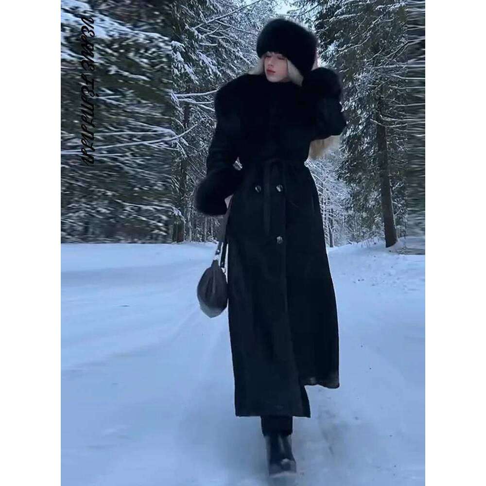 Women's Winter Coat Lapel Button Slim Faux Fur Spliced Woolen Overcoat Autumn 2025 With Belt Long Jackets Office Lady Outerwears