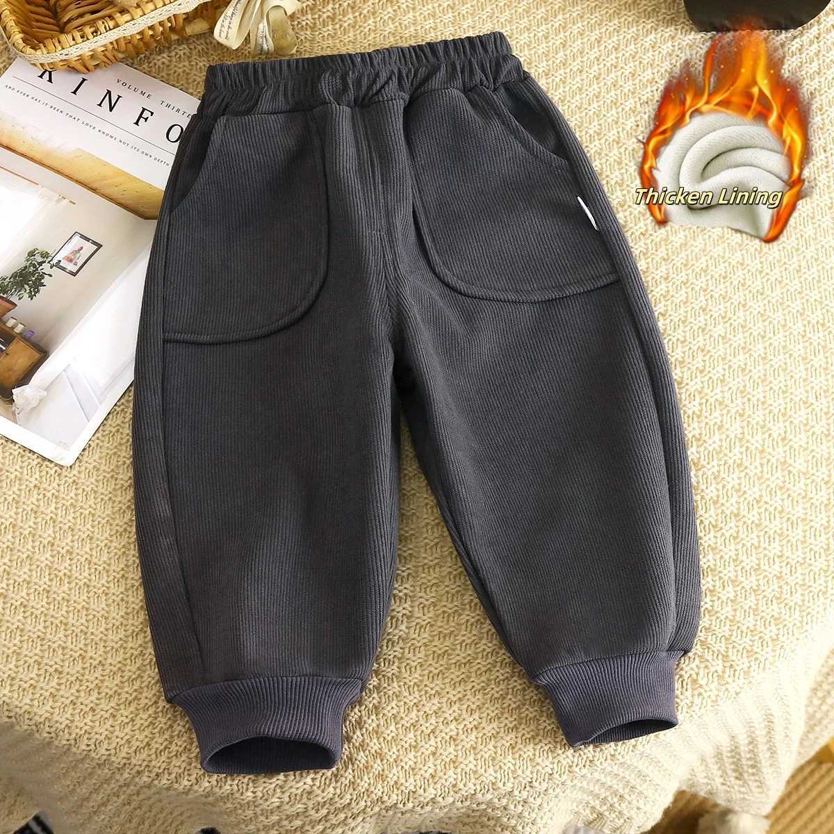 2025 Winter Thicken Corduroy Children Pants Fleece Lined Sporty Toddler Joggers with Pockets Boys Girls Warm Clothes TrousersT251027