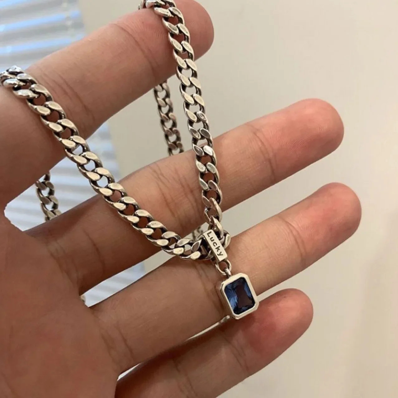 Sea Blue Zircon Pendant Necklaces for Men BoysStainless Steel Lucky Words Pendant CollarPunk Hiphop Jewelry Birthday Gift 251020