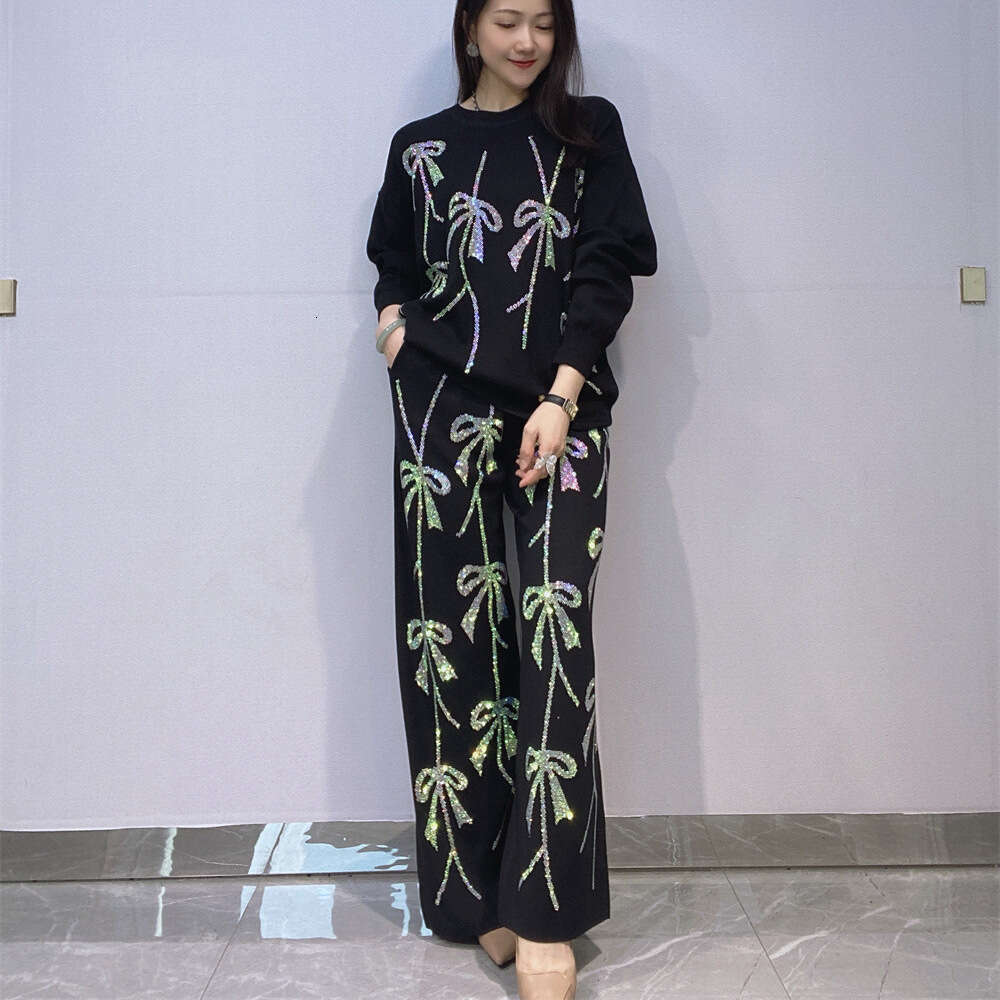 2025 Autumn New Fashion Rhinestone Knitted Two-Piece Set Loose Women's Top Casual Wide-Leg Pants Ladies Long Pants Suit