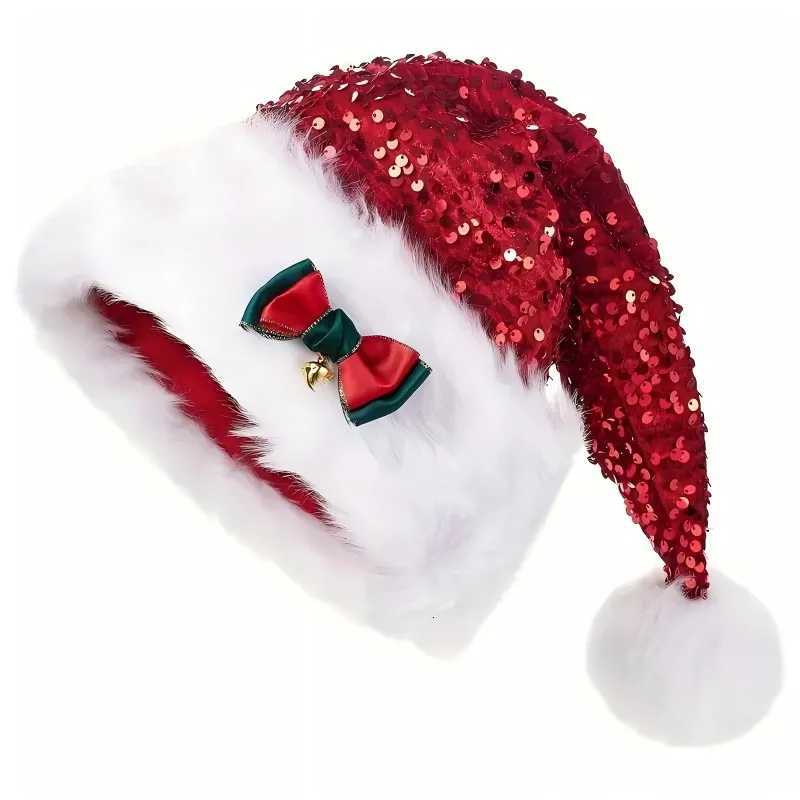 Christmas Hat with Red Green Bow Double Plush Decorative Hat Christmas Plush Thickened LengthW251027