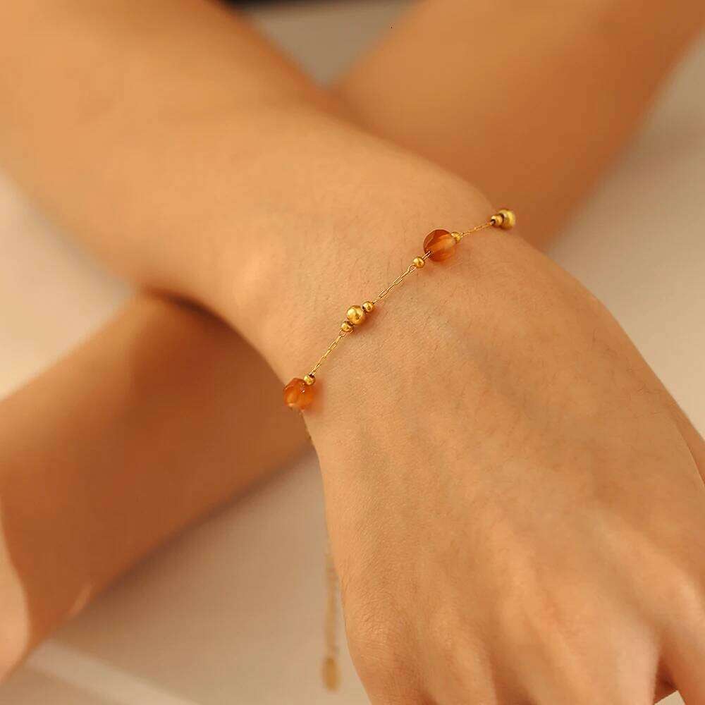 Gorgeous Orange Beige Necklace Bracelet Women Set Stainless Steel Nature Stones Beaded Pendant Female Necklaces Jewelry