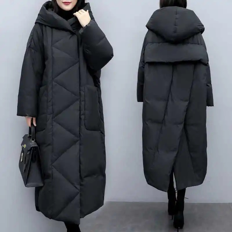 Hooded Women Solid Long Parkas Korean Loose Casual Regular Splice Cardigan Full Sleeve Thick Mid Length Coats Autumn Winter 251027