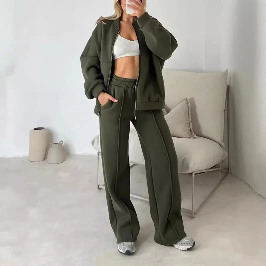Tracksuit Women Two Pieces Pant Sets Sweatshirts Zipper Long Sleeve Straight Pants Drawstring Pocket Sports Autumn Winter 251027