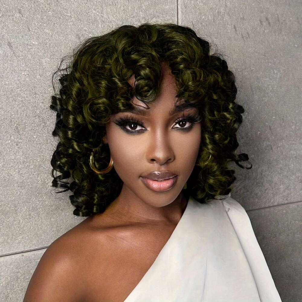14 Inch Short Black Wigs For, Fluffy Wavy With Bangs, Shoulder Length Afro Kinky Curly Big Bouncy Wig For Daily Use