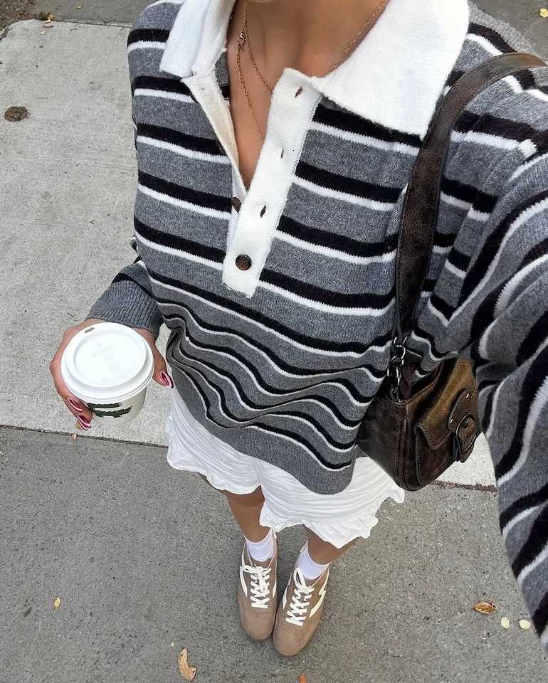 Polo Collar Striped Pullover Sweater Loose Long Sleeve 2025 Autumn Daily Cozy Women Knit Top Trendy Chic Casual Lady KnitwearT251027