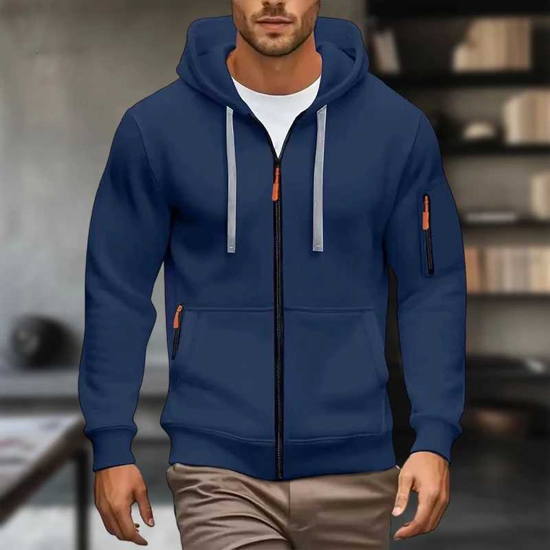 Mens solid color zipper hoodie with side pockets fashionable long sleeves casual wear full zipper opening and closing sof W251027