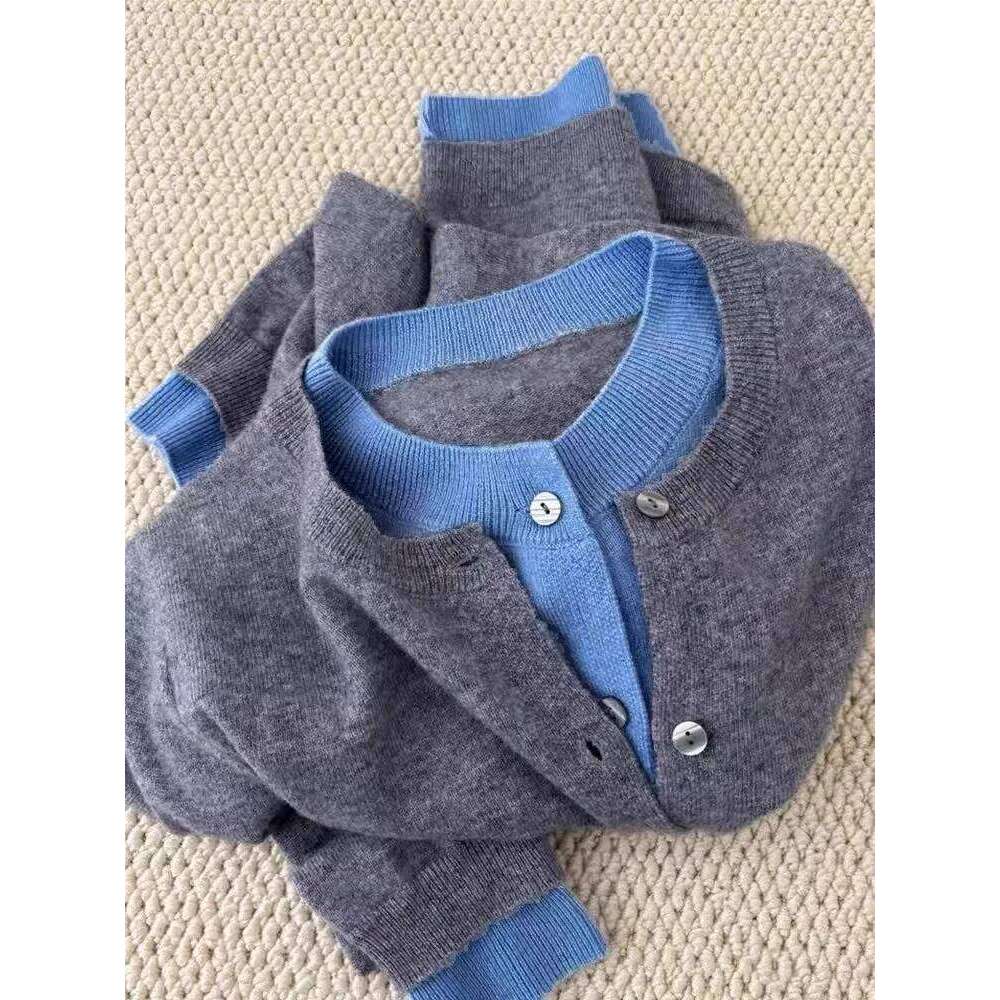 Fake Two 100% Pure Cashmere Sweater Cardigan Dark Grey High-Grade Wool Knit Coat Top Women Sweater Designer Sweater Women