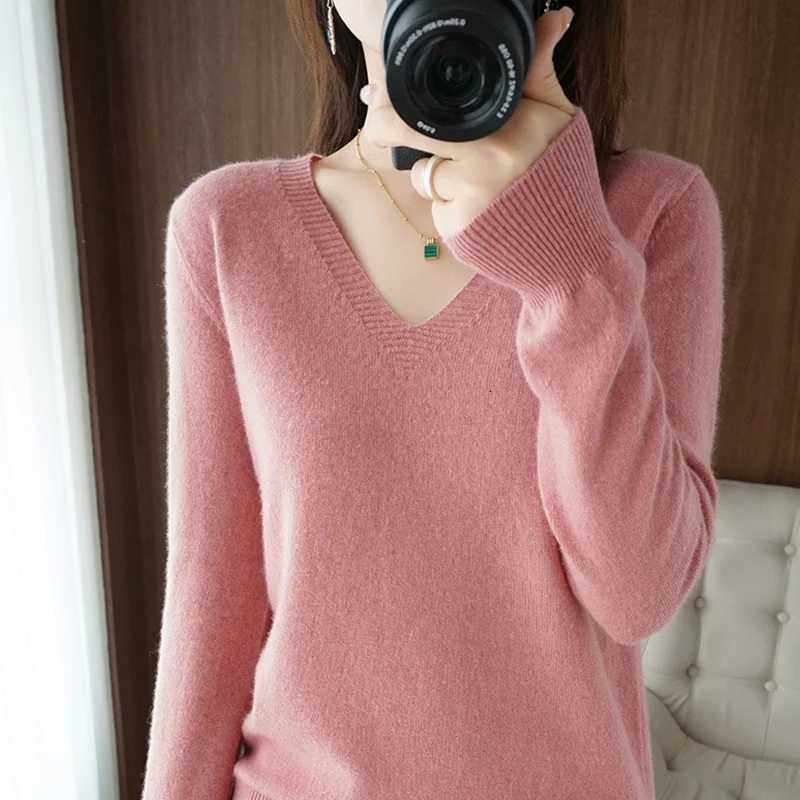 New Cashmere Womens Vneck Pullover Lace Neck Hollow Out Design Casual Knitted Long Sleeve Womens Sweater Autumn And WinterT251027