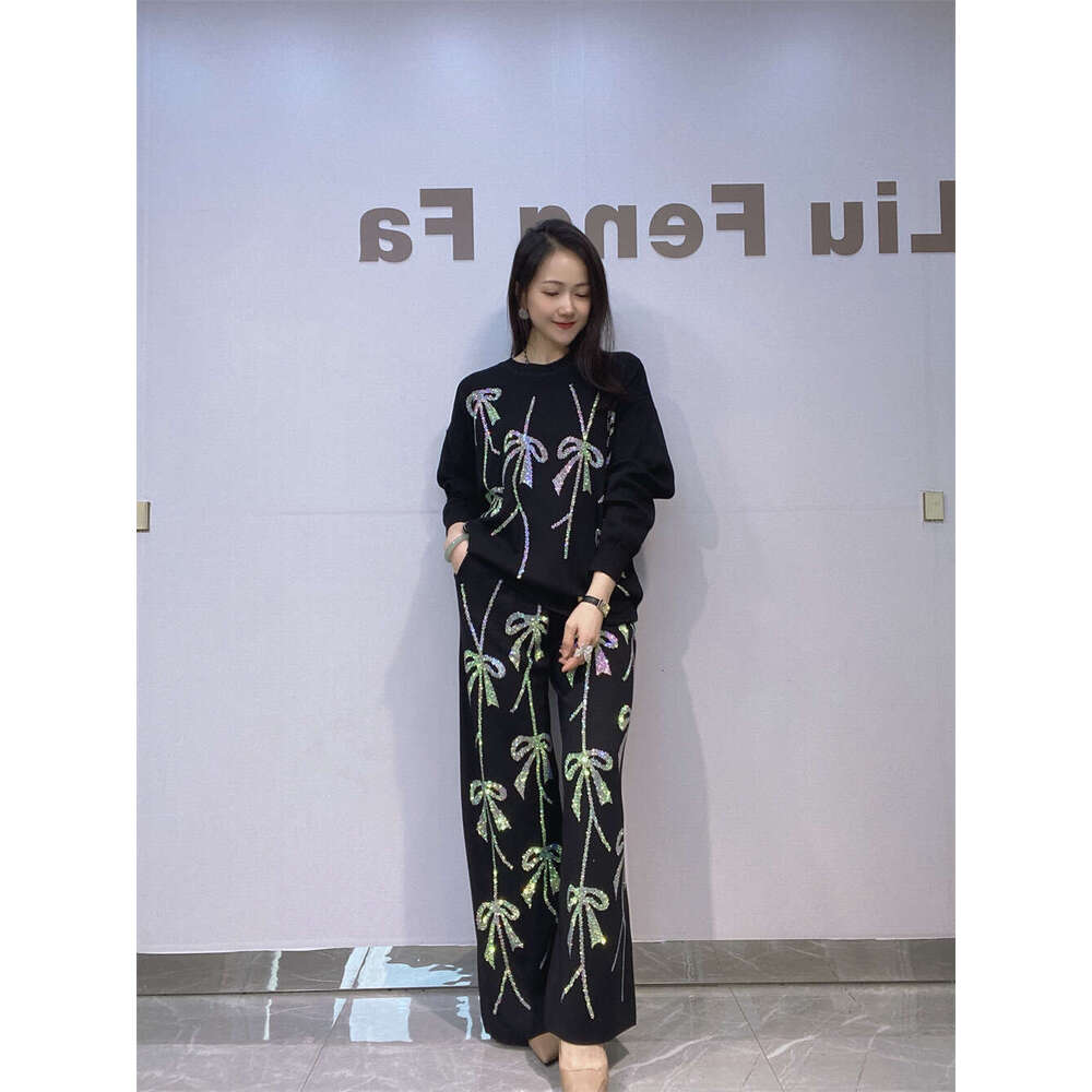 2025 Autumn New Fashion Rhinestone Knitted Two-Piece Set Loose Women's Top Casual Wide-Leg Pants Ladies Long Pants Suit