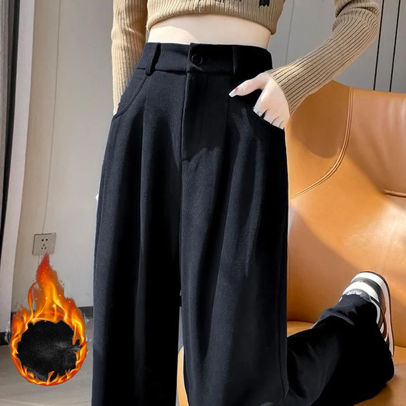 Winter Lady Snow Warm Pants Girls Classic Fleece High Waist Trousers Women Straight Leg Plush Thermal Casual 251027