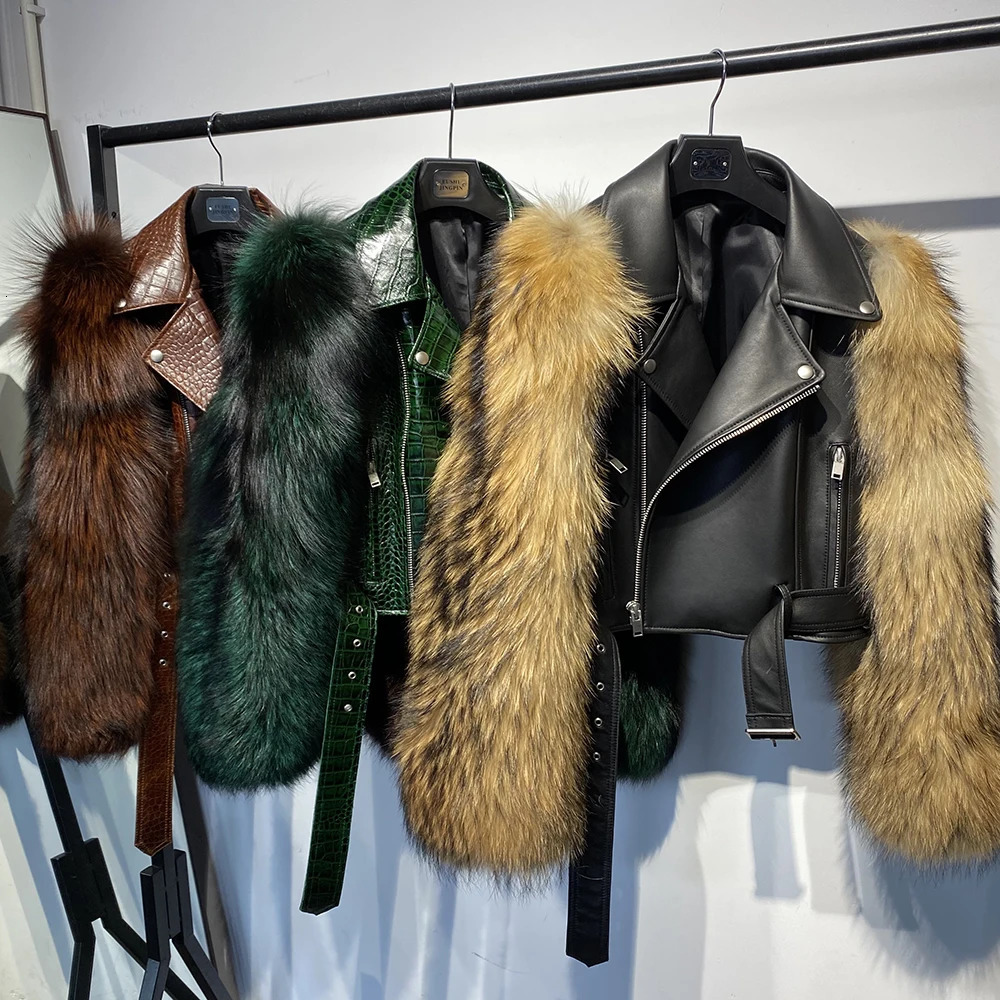YOLOAgain Plus Size 8XL Jacket Coats Women Real Fox Fur Sleeve Genuine Leather Ladies Streetwear 251027