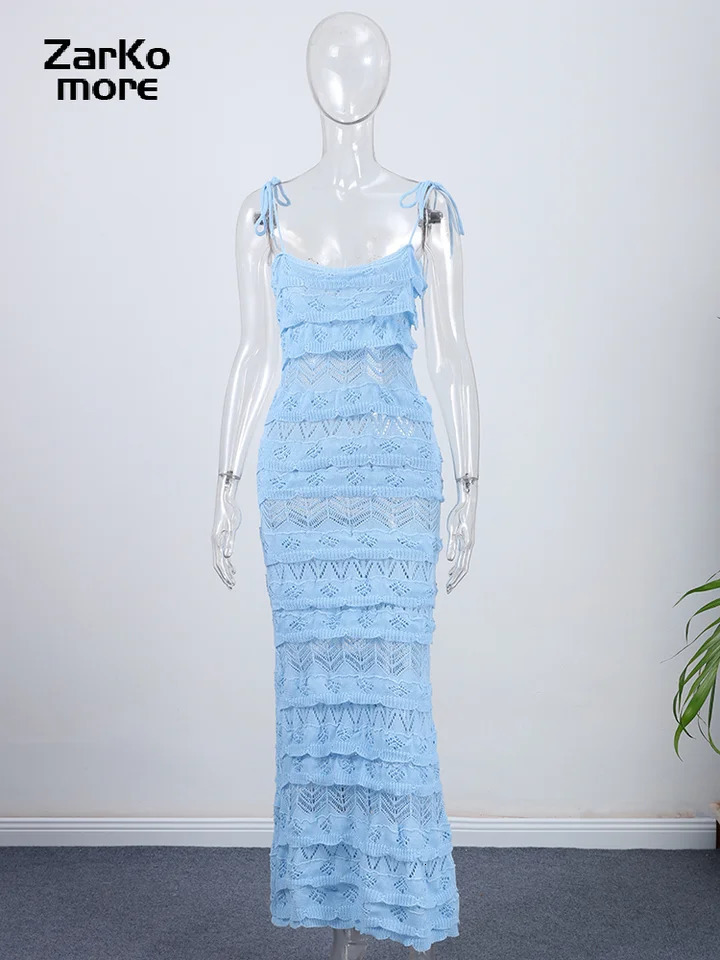 Sexy Slip Long Dress Women Ruffles Sleeveless Backless Hollow Out Blue Cake Dresses 2025 Summer Lady Vacation Beach Slim Robes 251027