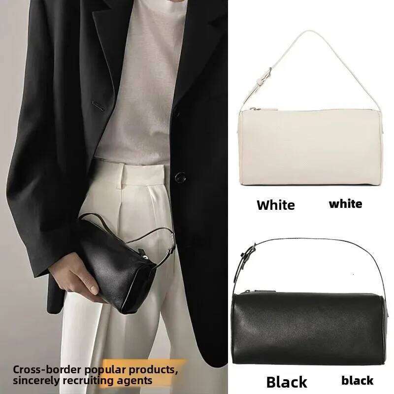 Soft Leather Pencil Case Handbag Shoulder French Bread Shape Cosmetic Underarm Round Tube Bag Zipper Closure Mobile Phon